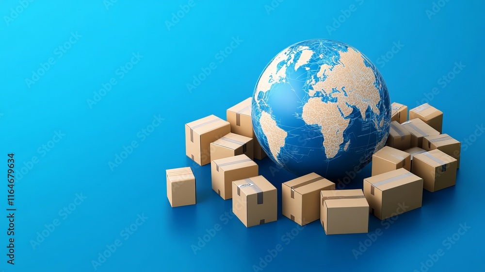 Poster 3d rendering of the earth surrounded by cardboard boxes with gps location markers set against a blue