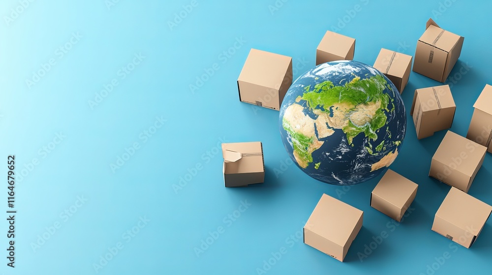 Poster 3d rendering of the earth surrounded by cardboard boxes with gps location markers set against a blue