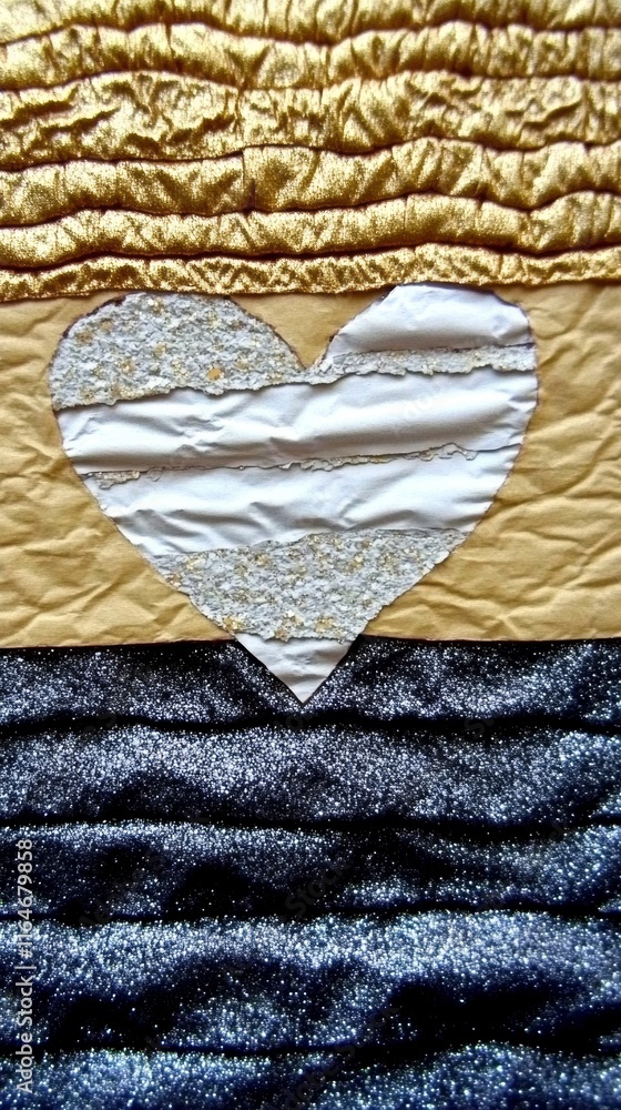 Poster whimsical collage of textured torn paper layers arranged in a heart shape with a blank center ideal 