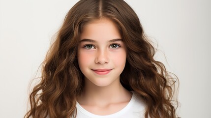 Fototapeta premium Smiling girl in bright studio setting versatile background for creative projects and visuals
