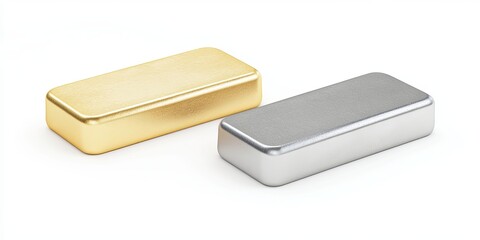 3D illustration of gold and silver ingots isolated on a white background