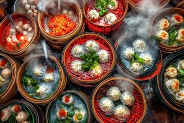Steaming dumplings in aromatic broth with vibrant garnishes AI generated