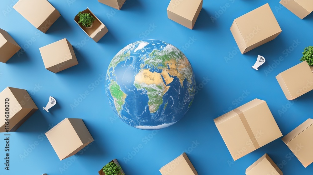 Poster 3d rendering of the earth surrounded by cardboard boxes with gps location markers set against a blue