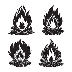 set of campfire silhouette, black and white silhouette, vector and illustration