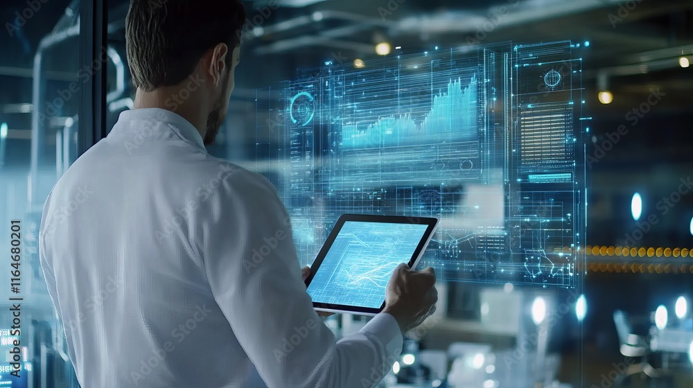 Aufkleber a manager using a smart tablet to analyze and monitor product stock in a warehouse demonstrating mod