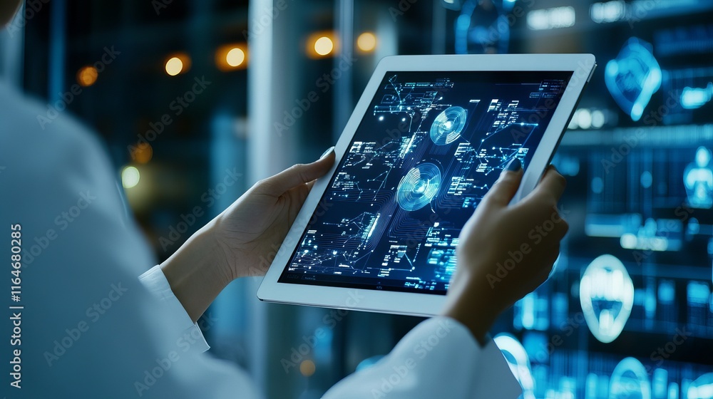 Poster a manager using a smart tablet to analyze and monitor product stock in a warehouse demonstrating mod