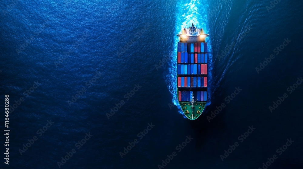 Poster aerial top view of a container ship loading and unloading cargo at a deep seaport emphasizing intern