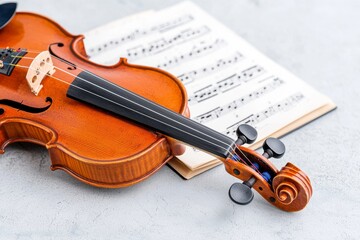 Fototapeta premium A piece of a cello or violin with a bow, set against a backdrop of musical notes and space for text.