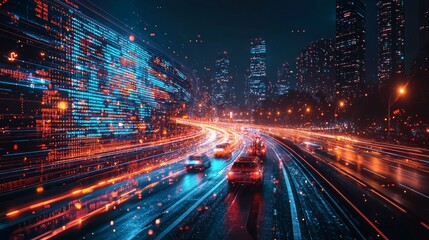 Fototapeta premium A bustling urban street with cars gliding on a damp road, bathed in bright neon lights, reflecting a futuristic city atmosphere