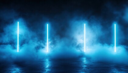 Futuristic Blue Neon Lights in Smoky Atmosphere Abstract Background Cyberpunk Style