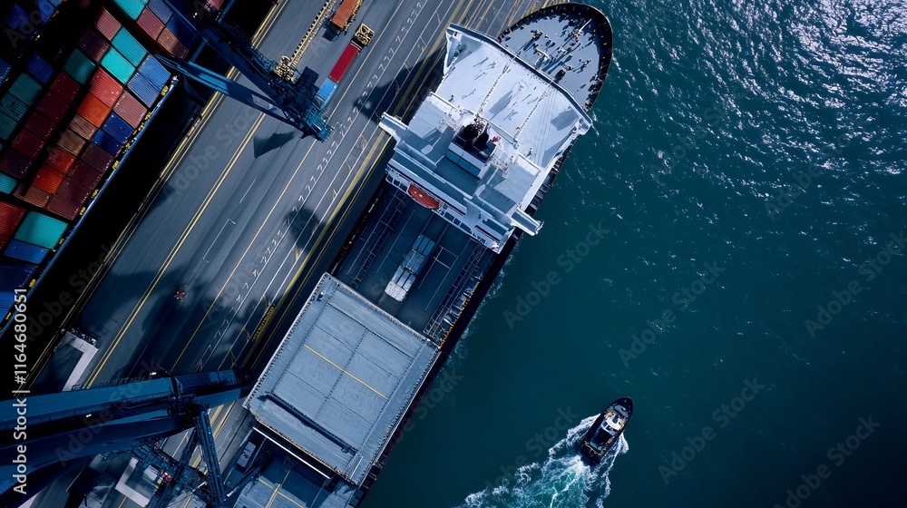 Poster aerial top view of a container ship loading and unloading cargo at a deep seaport emphasizing intern