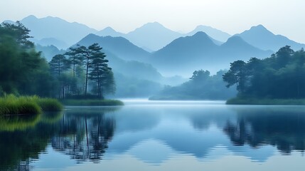 Naklejka premium Serene Misty Mountains Reflecting In Calm Lake Water