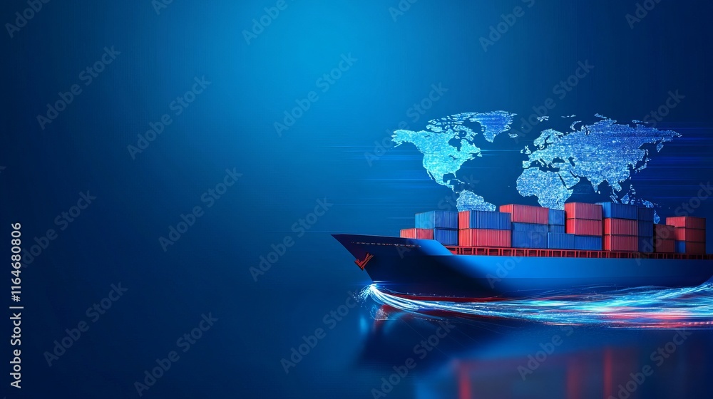 Poster aipowered cargo ship technology featuring a global logistics network and supply chain container ship
