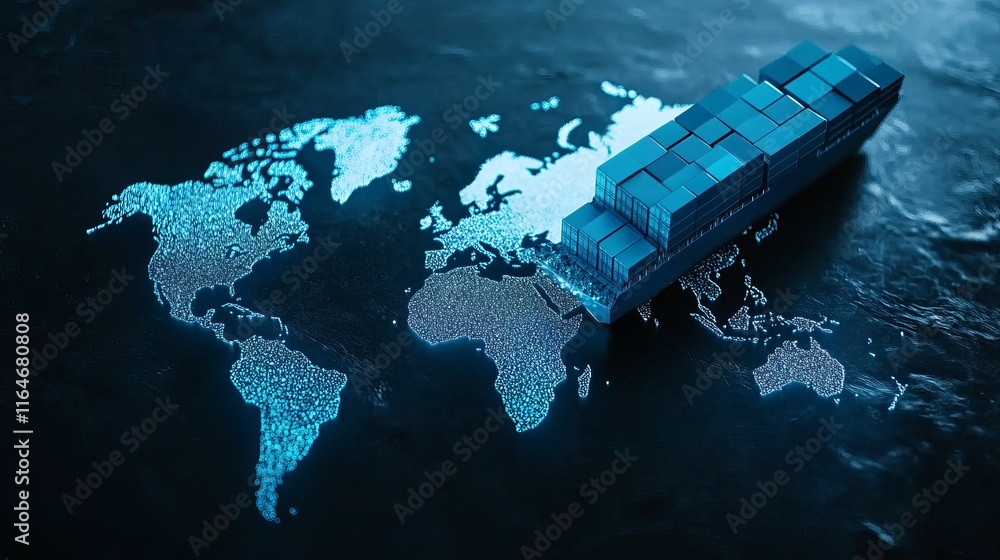 Poster aipowered cargo ship technology featuring a global logistics network and supply chain container ship