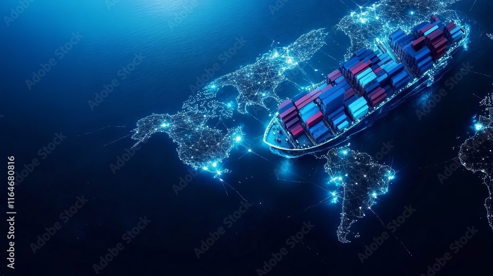 Poster aipowered cargo ship technology featuring a global logistics network and supply chain container ship