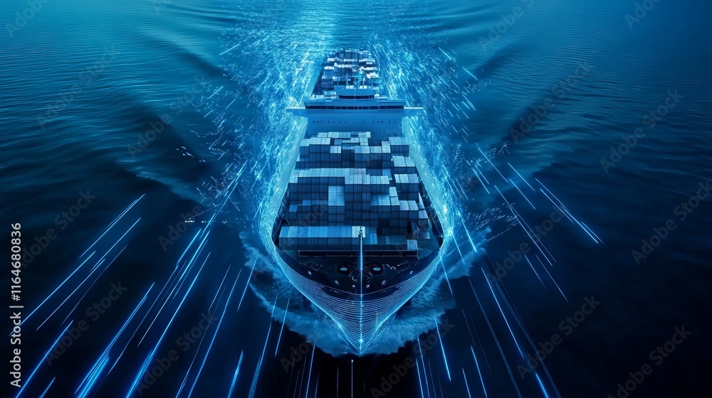 Poster aipowered global logistics concept featuring a world map and supply chain network with container shi