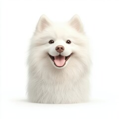 A cheerful white Samoyed dog with a fluffy coat and bright eyes, embodying joy and loyalty in a simple, clean background.