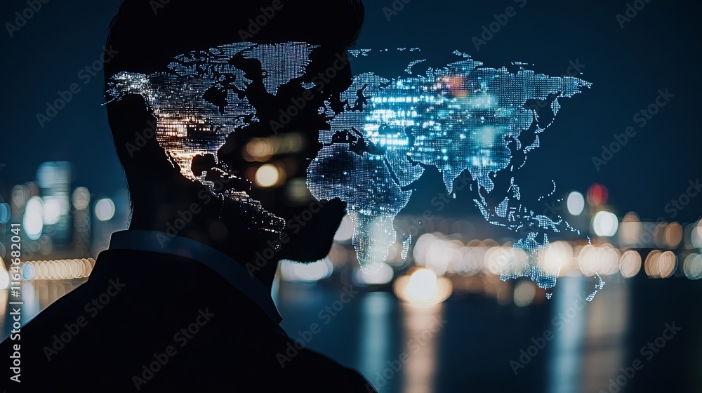 Poster double exposure of a man with a world map and container cargo ships in the background symbolizing lo