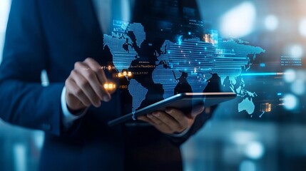 Digital business and technology in cargo logistics with a manager tracking deliveries online using a tablet World map as a background for international distribution