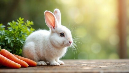 Obraz premium Fluffy white rabbit sitting on a wooden table, bright mood, next to fresh carrots and greenery