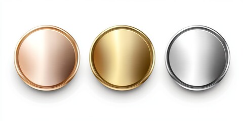Realistic 3D gold silver and bronze circular frames First second and thirdplace medals or buttons on a black background Certified quality blank badge set