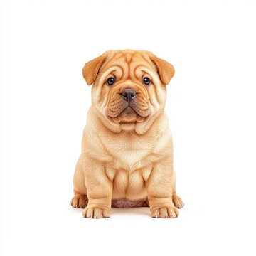 A cute and wrinkled Shar Pei puppy sitting calmly, showcasing its unique features and glossy coat, perfect for pet lovers.