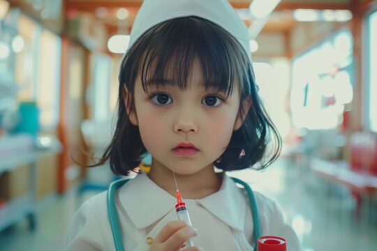 Young child dressed as a nurse holding a syringe, showcasing innocence and ambition in healthcare.
