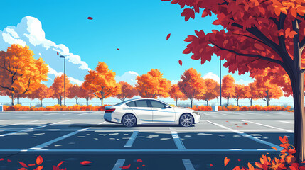 Immaculate car for rent or sale in expansive parking lot, car parked at outdoor parking lot. Leafen. Illustration