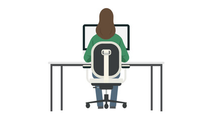Illustration of a woman with brown hair sitting on an office chair, working at a desk with a computer, viewed from behind