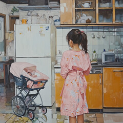 Young woman in pink kimono standing in dirty kitchen looking at baby stroller