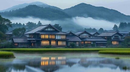 Naklejka premium Tranquil Japanese Village Houses Reflected in Still Water