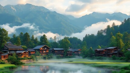 Fototapeta premium Serene Japanese Village nestled in misty mountains