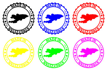 Made in Kyrgyzstan - rubber stamp - vector, Kyrgyzstan map pattern - black, green, blue, yellow, purple and red