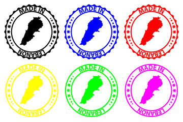 Made in Lebanon - rubber stamp - vector, Lebanon map pattern - black, blue, green, yellow, purple and red