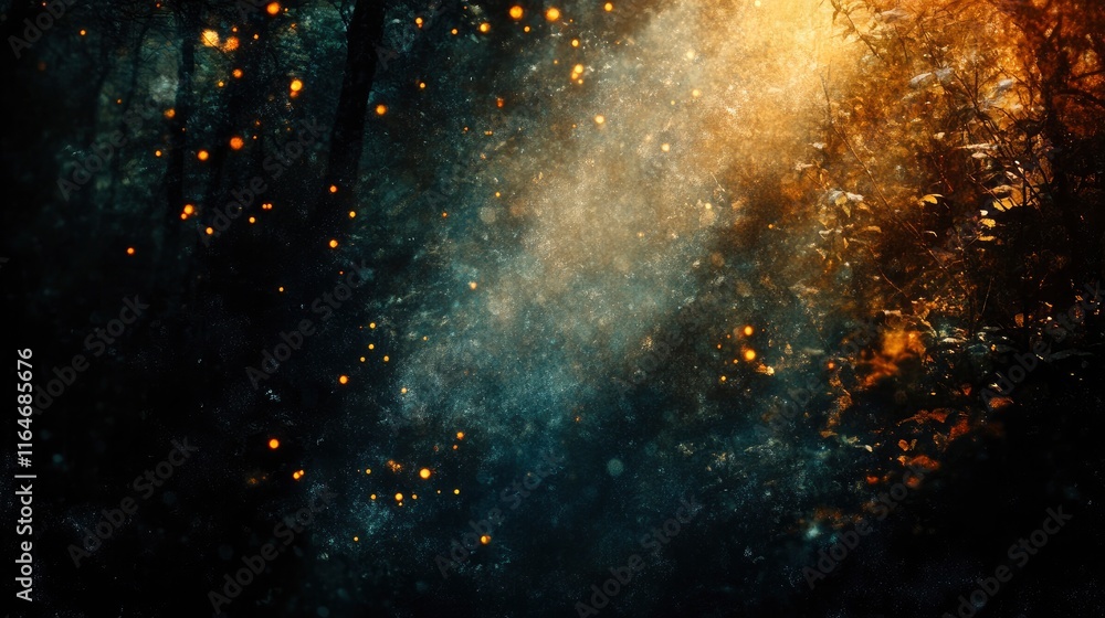 Poster a beautiful abstract composition featuring out-of-focus lights with a bokeh effect on a dark, moody 