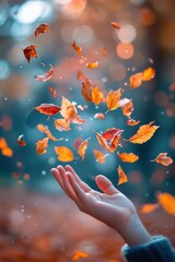 Hand releases colorful autumn leaves in a forest with out-of-focus background capturing the essence of fall in warm tones