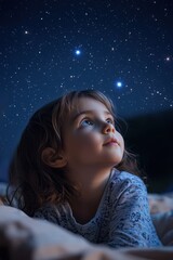Child gazes at a starry sky while lying on a blanket under the night sky with a look of wonder