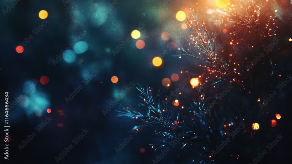 Poster a beautiful abstract composition featuring out-of-focus lights with a bokeh effect on a dark, moody 