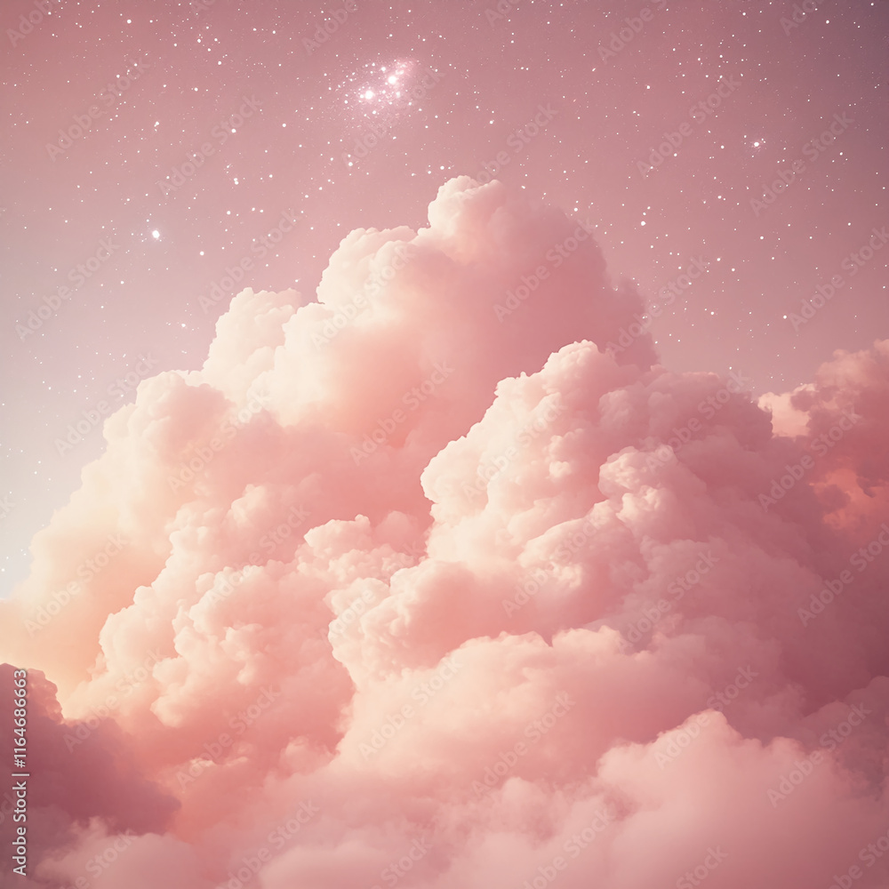 Poster dreamy pink clouds under a starry sky creating a serene celestial atmosphere