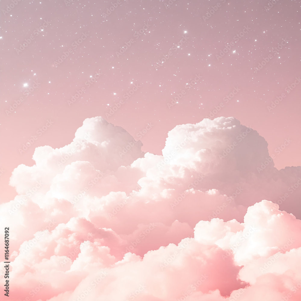 Poster soft pink clouds under a sparkling starry sky on a pastel gradient background