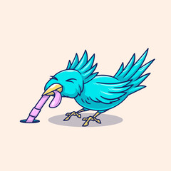 Lttle blue bird is pulling a worm out of its hole