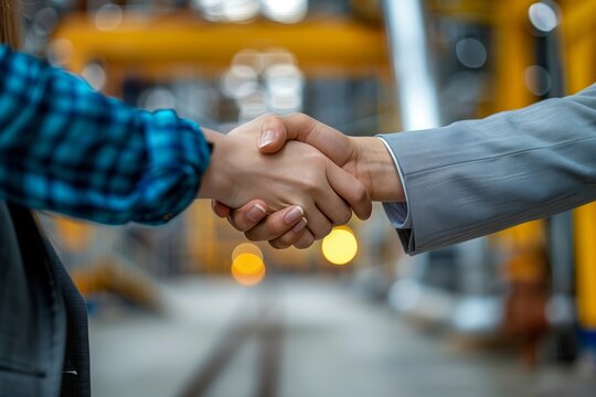 Close-up of a handshake between two professionals in an industrial setting, symbolizing partnership and collaboration.