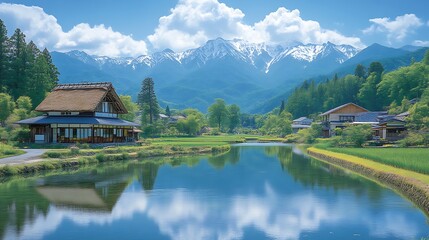Naklejka premium Serene Japanese Village nestled beside a tranquil waterway and majestic mountains