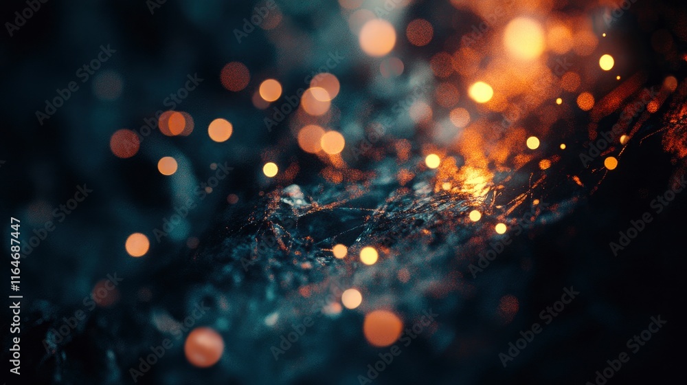 Poster a beautiful abstract composition featuring out-of-focus lights with a bokeh effect on a dark, moody 