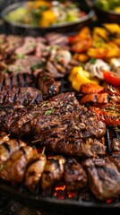 Close-up of grilled meats and vegetables on a barbecue.