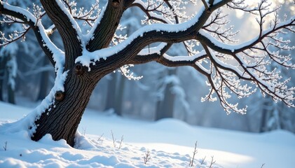 Ancient tree branches twisted by snow and frost, branch, winter