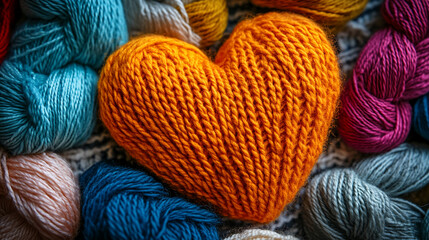 Orange knitted heart surrounded by colorful yarn balls in a crafting setting. Valentine's Day background