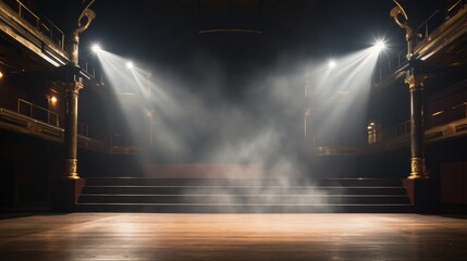 Mysterious atmosphere  empty floor enveloped in billowing smoke against a dark backdrop