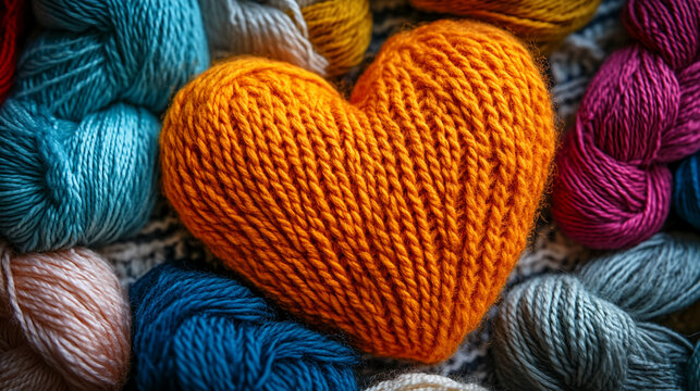 Orange knitted heart surrounded by colorful yarn balls in a crafting setting. Valentine's Day background
