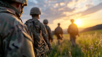 Silhouetted soldiers march together across a sunlit field, embodying camaraderie and purpose against a breathtaking sunset backdrop.